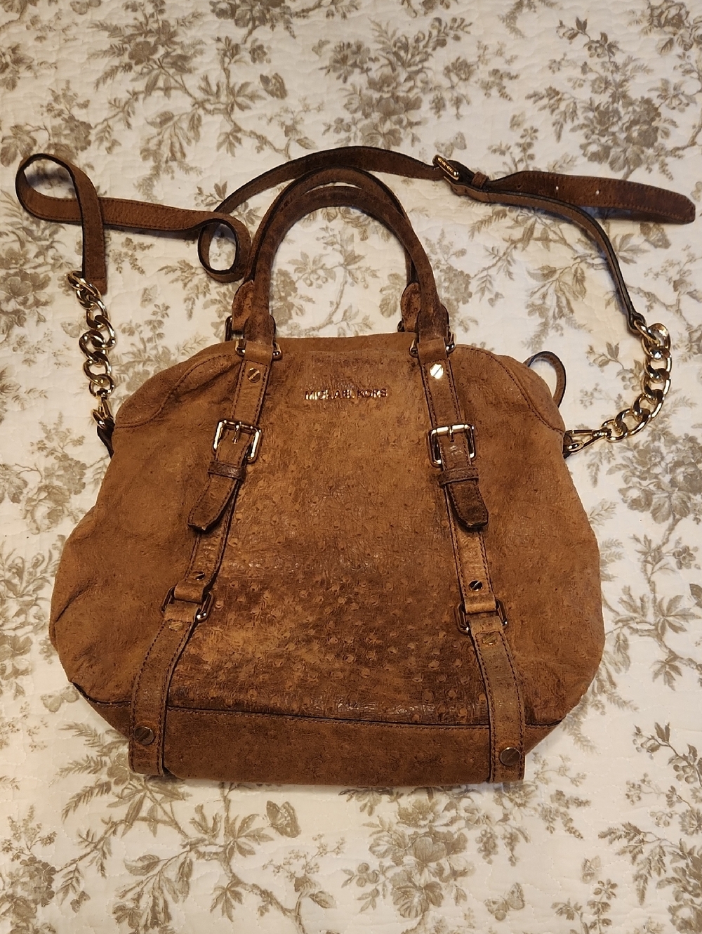 Michael Kors Brown Ostrich Double-Handle Shoulder Bag with Chain Shoulder Strap